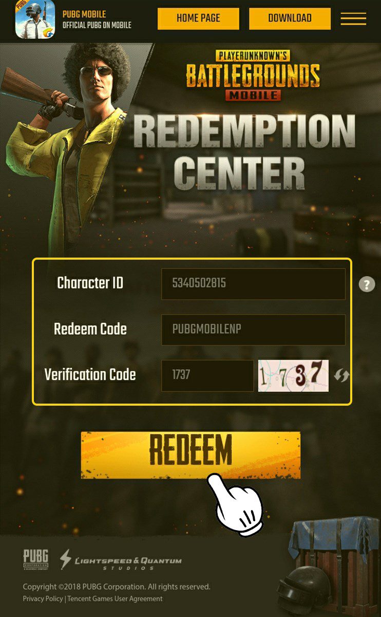 Enter the character ID, code, confirmation code and press REDEEM